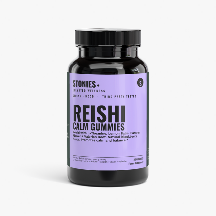 Stonies Reishi Calm Gummies: reishi mushroom gummies for calm and relaxation, blackberry flavor