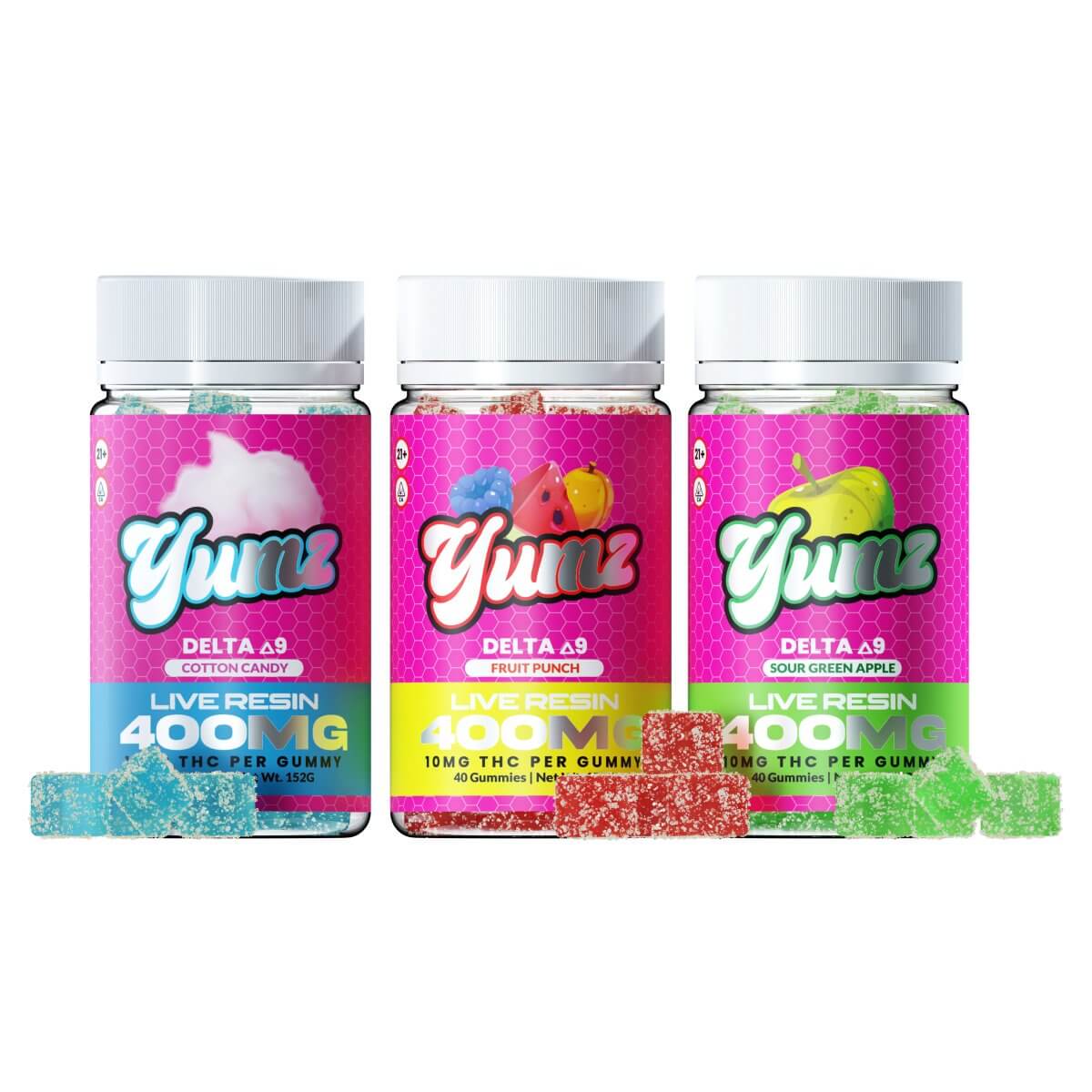 YUMZ | THC Gummies | 300mg | Random Flavor | 30 Gummies Per Bag | You Will Receive Cotton Candy, Fruit Punch or Sour Green Apple.